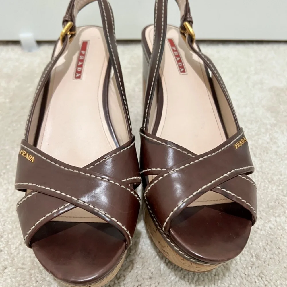 Prada Cork Wedge Sandals Brown Leather EU 39 US 8.5 Resort Luxury Italy